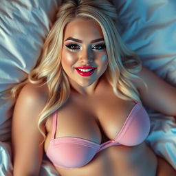 A curvy blonde woman, radiating innocence, is lying in bed wearing only tiny pink bikini underwear