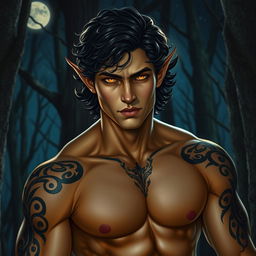 A breathtakingly handsome Fae male with radiant golden eyes that shine like stars against the velvety night sky