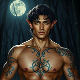 A breathtakingly handsome Fae male with radiant golden eyes that shine like stars against the velvety night sky