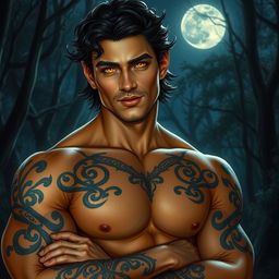 An exquisitely handsome Fae male with radiant golden eyes that sparkle like jewels under the enchanting nighttime sky
