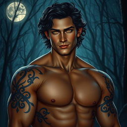 An exquisitely handsome Fae male with radiant golden eyes that sparkle like jewels under the enchanting nighttime sky