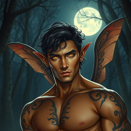 A stunningly handsome Fae male with glowing golden eyes that radiate warmth under the enchanting nighttime sky