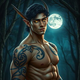 A stunningly handsome Fae male with glowing golden eyes that radiate warmth under the enchanting nighttime sky