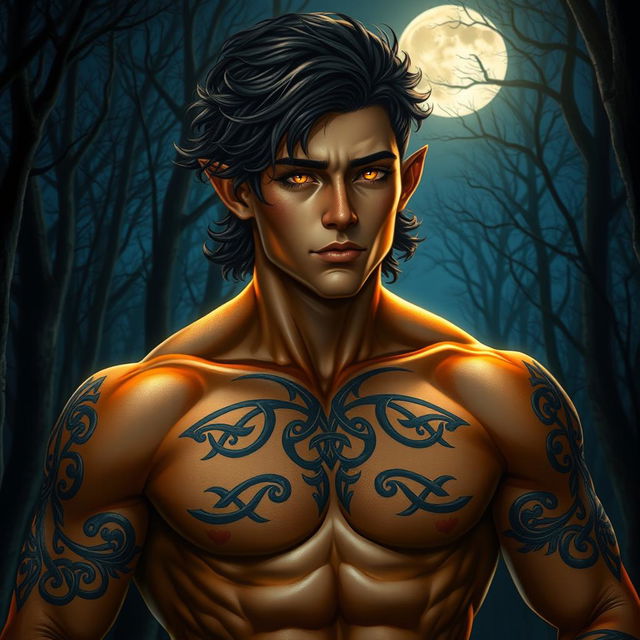 A stunningly handsome Fae male with glowing golden eyes that radiate warmth under the enchanting nighttime sky