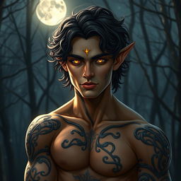 A stunningly handsome Fae male with glowing golden eyes that radiate warmth under the enchanting nighttime sky