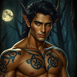 An extraordinarily handsome Fae male with striking golden eyes that gleam mesmerizingly in the enchanting nighttime setting
