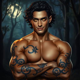 An extraordinarily handsome Fae male with striking golden eyes that gleam mesmerizingly in the enchanting nighttime setting