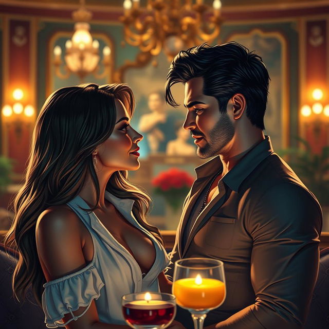 An imaginative scene depicting two attractive characters inspired by the styles of popular action movies, set in a romantic atmosphere