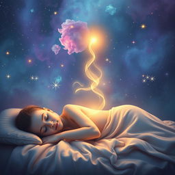 A serene and ethereal representation of spirituality and astral travel, featuring a glowing, translucent soul gently ascending from a peaceful sleeping body
