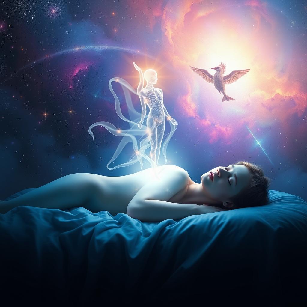 A serene and ethereal representation of spirituality and astral travel, featuring a glowing, translucent soul gently ascending from a peaceful sleeping body