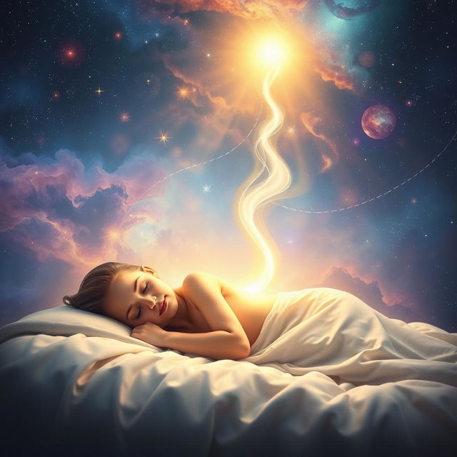 A serene and ethereal representation of spirituality and astral travel, featuring a glowing, translucent soul gently ascending from a peaceful sleeping body