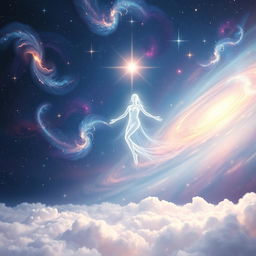 A beautifully ethereal depiction of spirituality and astral travel, showcasing a luminous soul separated from the physical body, floating through a vibrant cosmic landscape filled with swirling galaxies, colorful nebulae, and sparkling stars