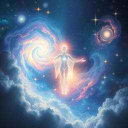 A beautifully ethereal depiction of spirituality and astral travel, showcasing a luminous soul separated from the physical body, floating through a vibrant cosmic landscape filled with swirling galaxies, colorful nebulae, and sparkling stars