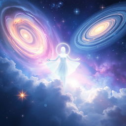 A beautifully ethereal depiction of spirituality and astral travel, showcasing a luminous soul separated from the physical body, floating through a vibrant cosmic landscape filled with swirling galaxies, colorful nebulae, and sparkling stars