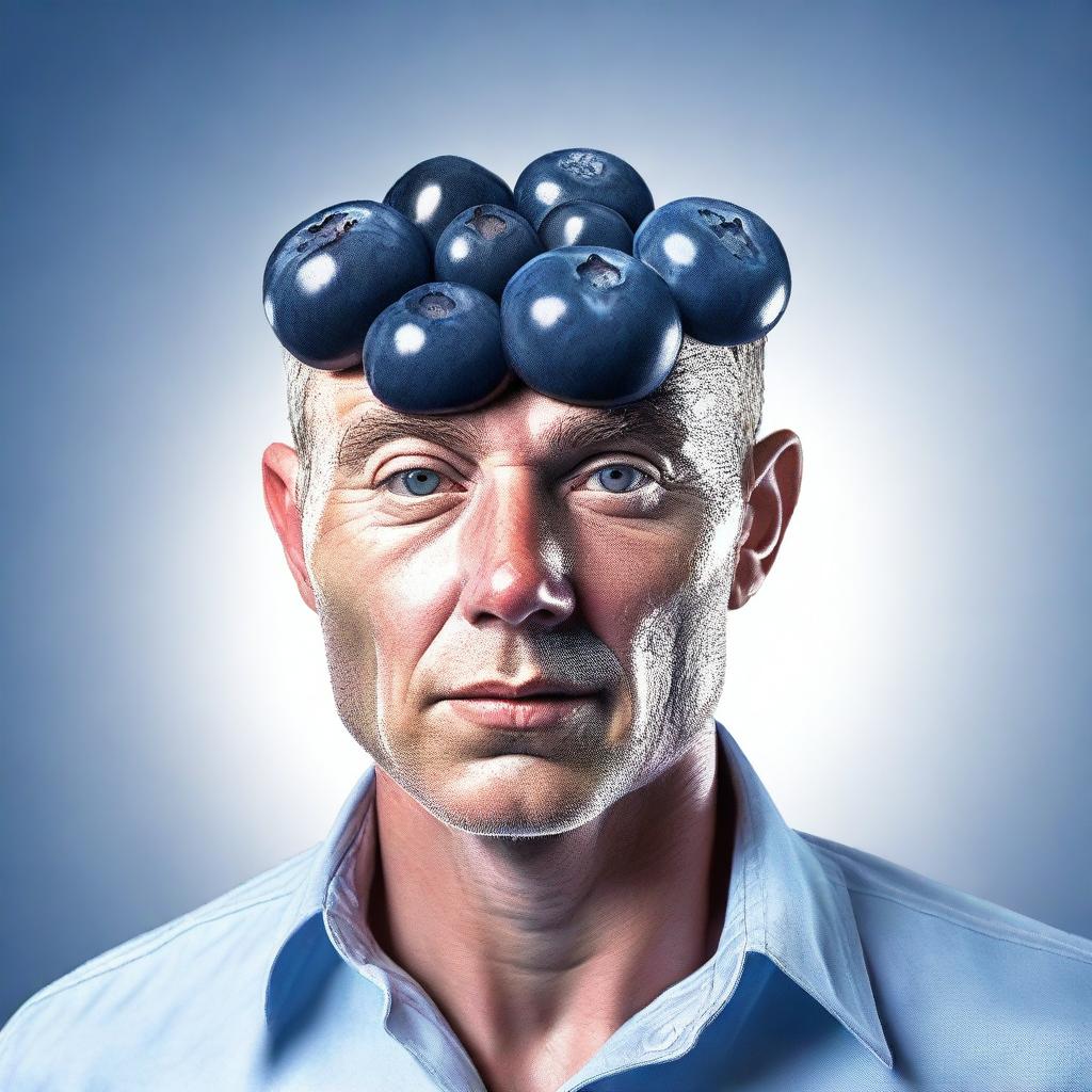 A hyper-realistic digital art piece featuring a man with a blueberry for a head