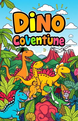 A vibrant and modern coloring book cover design themed around dinosaurs