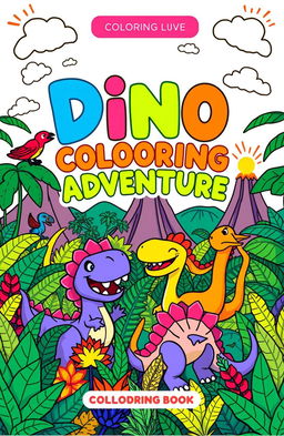 A vibrant and modern coloring book cover design themed around dinosaurs