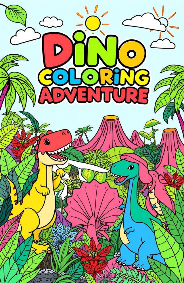 A vibrant and modern coloring book cover design themed around dinosaurs