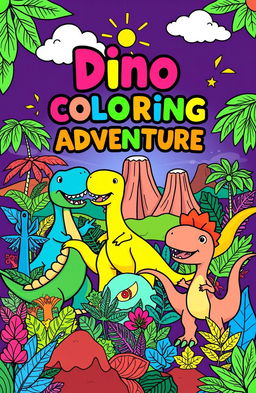 A vibrant and modern coloring book cover design themed around dinosaurs