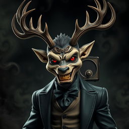 A striking depiction of Alastor, the Radio Demon, a sinfully charming humanoid figure resembling a deer
