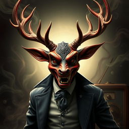 A striking depiction of Alastor, the Radio Demon, a sinfully charming humanoid figure resembling a deer