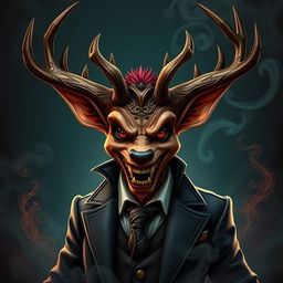 A striking depiction of Alastor, the Radio Demon, a sinfully charming humanoid figure resembling a deer