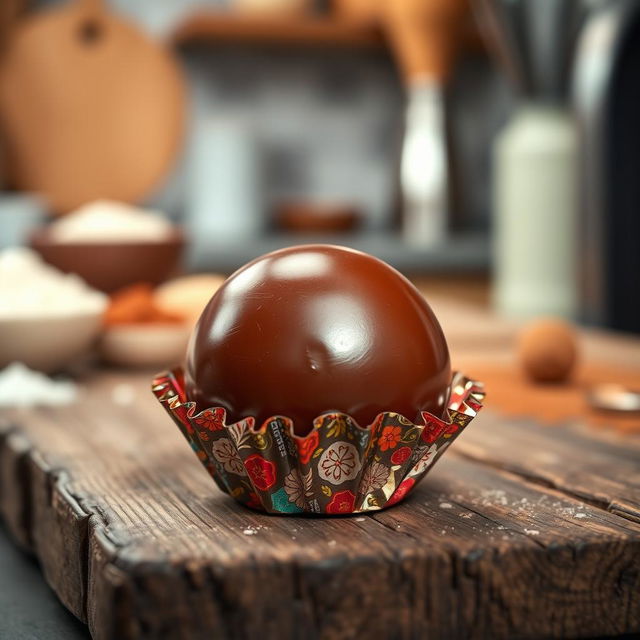 A beautifully wrapped chocolate ball placed on a rustic wooden table