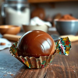 A beautifully wrapped chocolate ball placed on a rustic wooden table