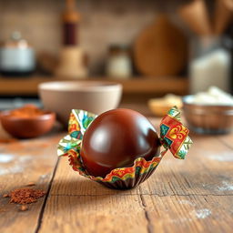 A beautifully wrapped chocolate ball placed on a rustic wooden table