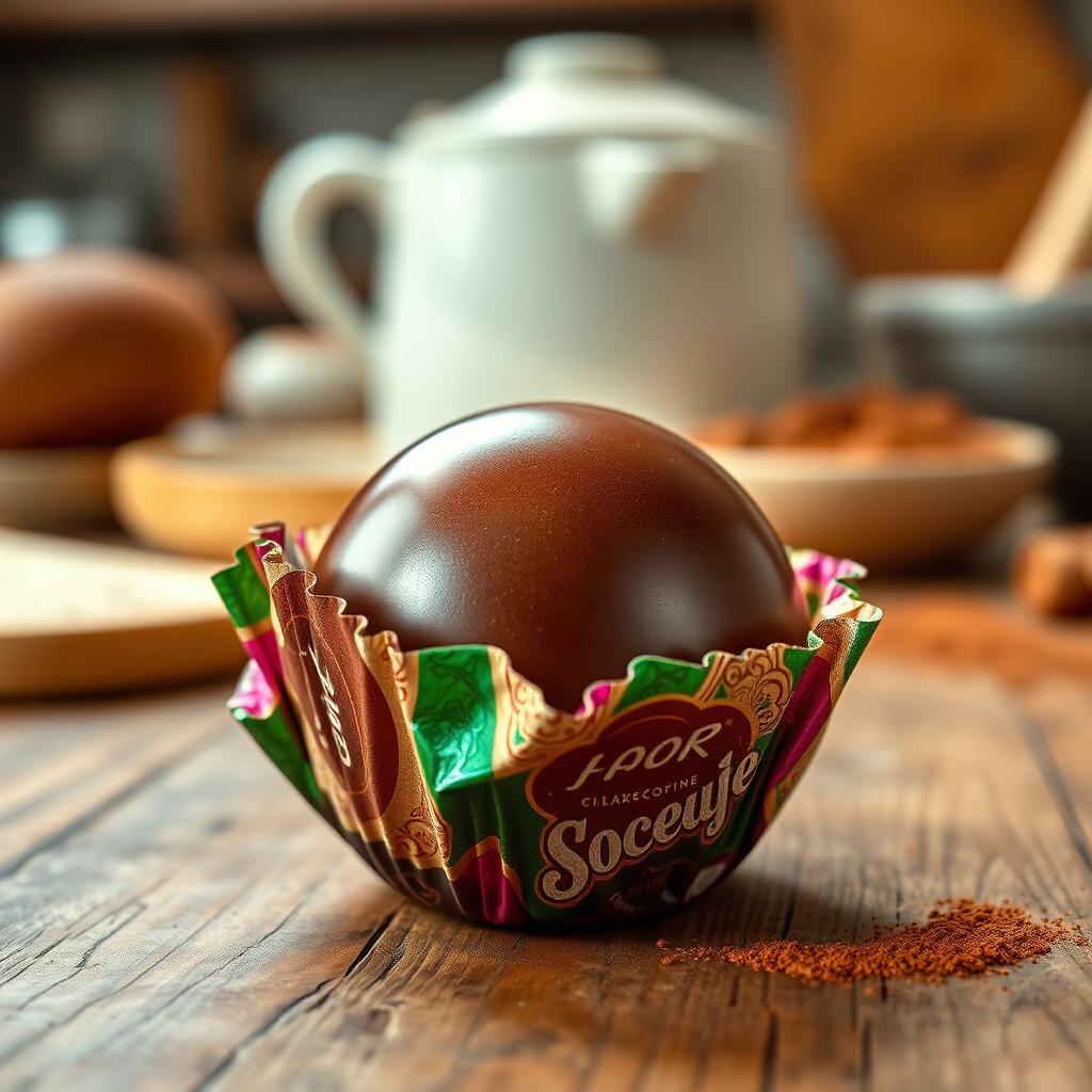 A beautifully wrapped chocolate ball placed on a rustic wooden table