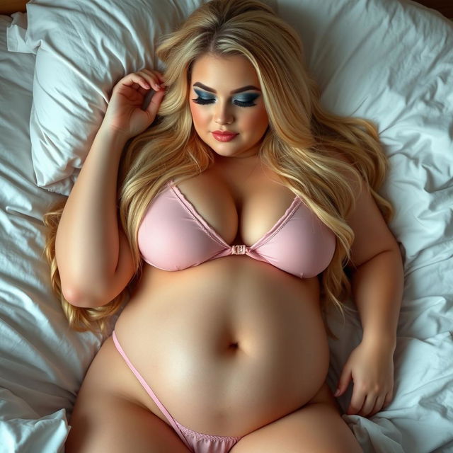 A curvy 21-year-old woman with long blonde hair, displaying a soft and innocent expression as she peacefully sleeps in bed