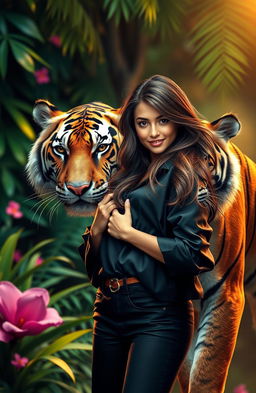 A striking book cover featuring a confident narcissistic girl with an alluring smile, styled with long flowing hair and fashionable clothing, standing proudly next to a majestic tiger