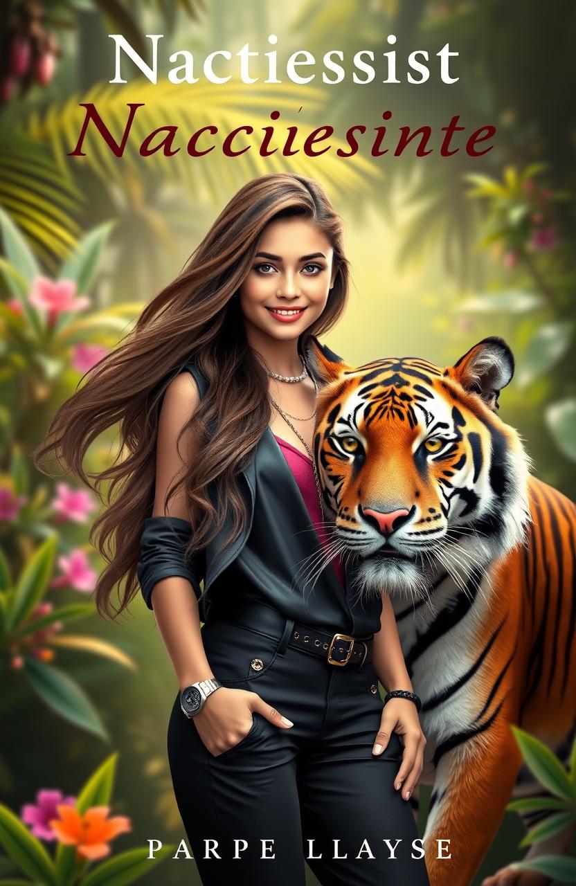 A striking book cover featuring a confident narcissistic girl with an alluring smile, styled with long flowing hair and fashionable clothing, standing proudly next to a majestic tiger