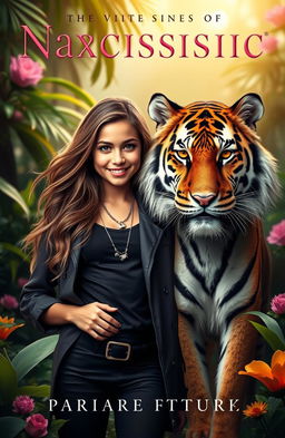 A striking book cover featuring a confident narcissistic girl with an alluring smile, styled with long flowing hair and fashionable clothing, standing proudly next to a majestic tiger