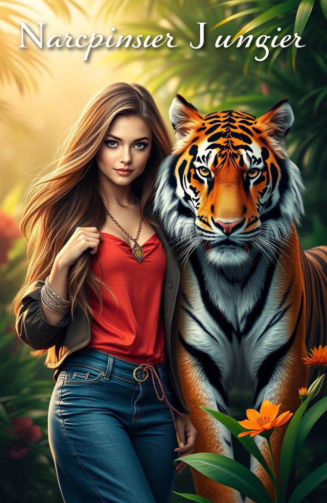 A striking book cover featuring a confident narcissistic girl with an alluring smile, styled with long flowing hair and fashionable clothing, standing proudly next to a majestic tiger