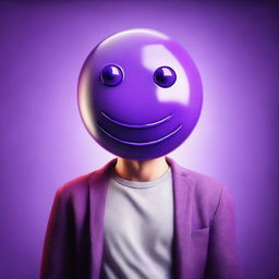 A hyper-realistic digital art piece portraying a man with a purple emoticon for a head