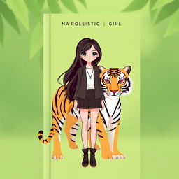 A simple book cover featuring a narcissistic girl with long hair and a stylish outfit standing beside a tiger