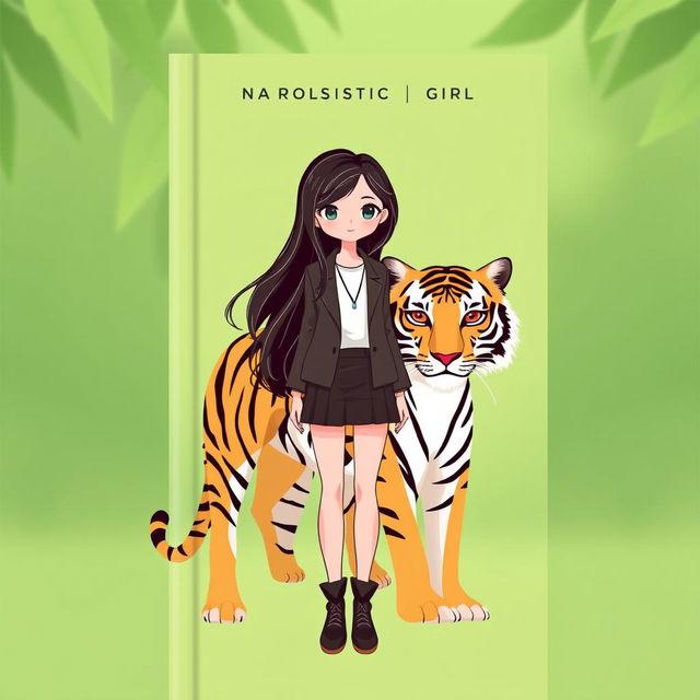 A simple book cover featuring a narcissistic girl with long hair and a stylish outfit standing beside a tiger