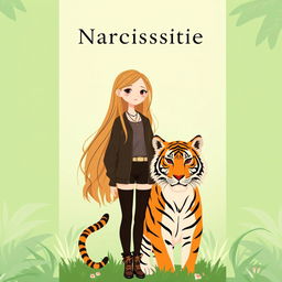 A simple book cover featuring a narcissistic girl with long hair and a stylish outfit standing beside a tiger