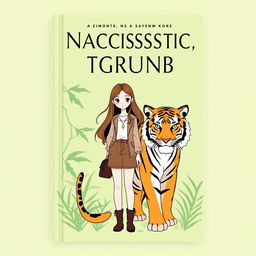 A simple book cover featuring a narcissistic girl with long hair and a stylish outfit standing beside a tiger