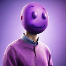 A hyper-realistic digital art piece portraying a man with a purple emoticon for a head