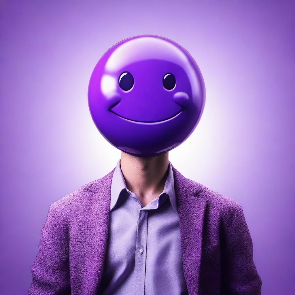 A hyper-realistic digital art piece portraying a man with a purple emoticon for a head