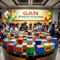 A celebration of GAN's 10th anniversary featuring a vibrant display of various GAN Rubik's cubes, showcasing their distinct designs and colors