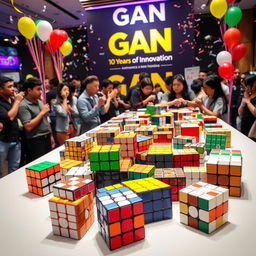A celebration of GAN's 10th anniversary featuring a vibrant display of various GAN Rubik's cubes, showcasing their distinct designs and colors