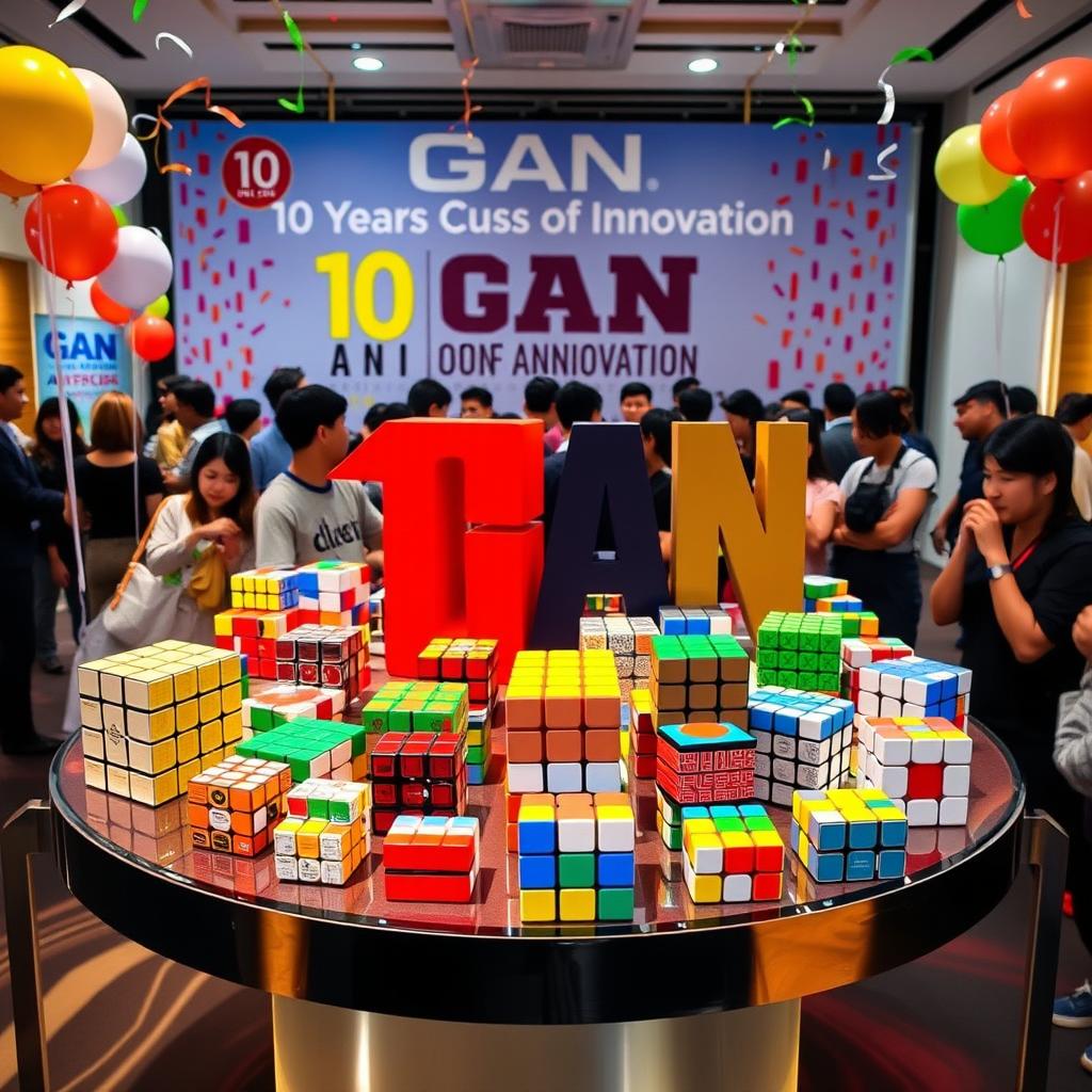 A celebration of GAN's 10th anniversary featuring a vibrant display of various GAN Rubik's cubes, showcasing their distinct designs and colors