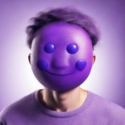 A hyper-realistic digital art piece portraying a man with a purple emoticon for a head