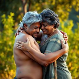 A nude young Indian man with a toned physique, embracing an elegantly beautiful plus-size mature Indian woman around 60 years old, with striking grey hair