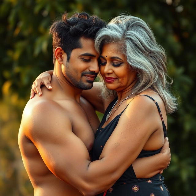 A nude young Indian man with a toned physique, embracing an elegantly beautiful plus-size mature Indian woman around 60 years old, with striking grey hair