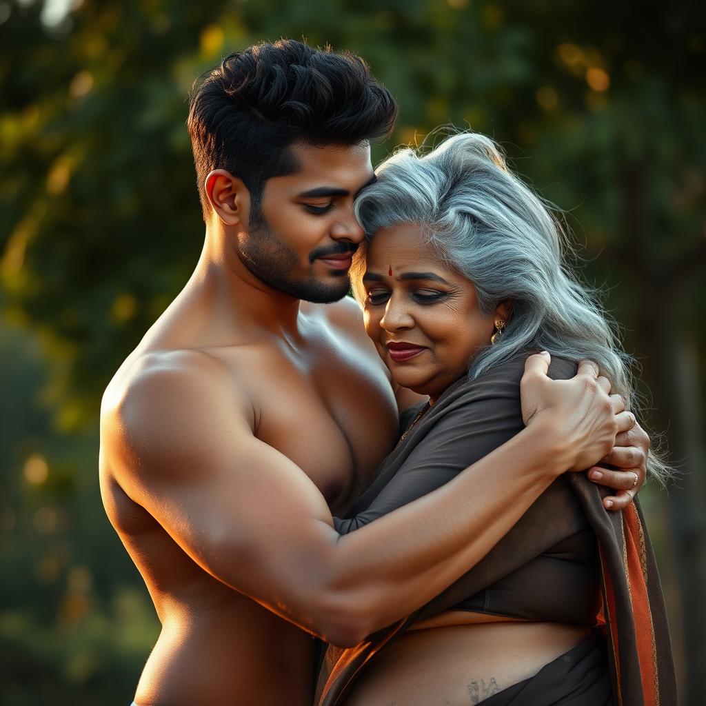 A nude young Indian man with a toned physique, embracing an elegantly beautiful plus-size mature Indian woman around 60 years old, with striking grey hair