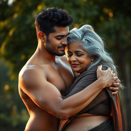 A nude young Indian man with a toned physique, embracing an elegantly beautiful plus-size mature Indian woman around 60 years old, with striking grey hair
